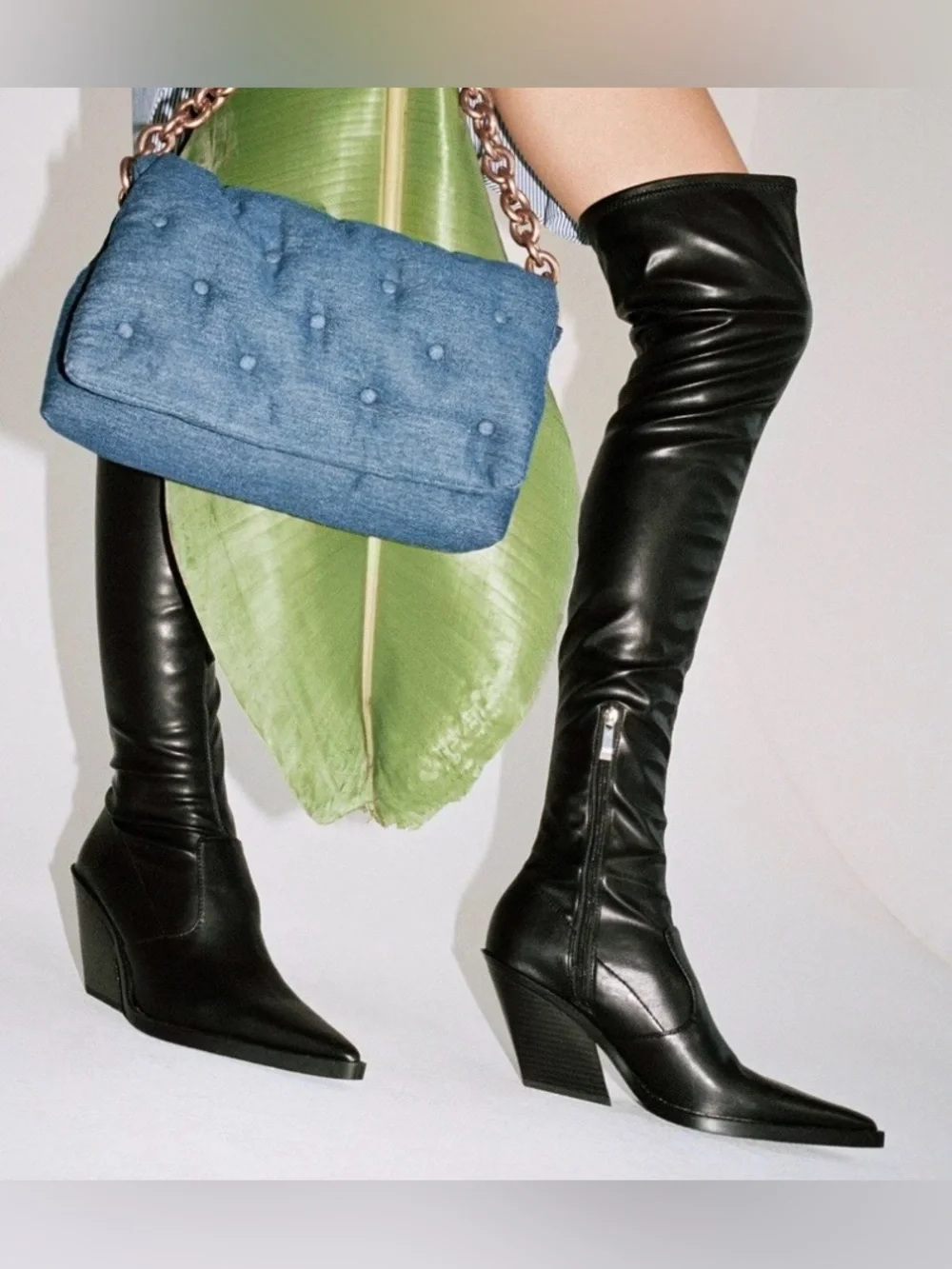 Zara black over-the-knee pointed-toe boots (Western/cowboy)